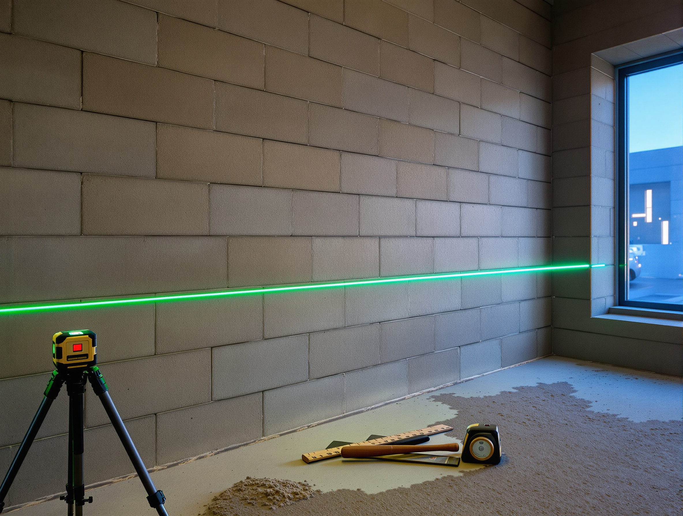 A freshly laid 200 mm blockwork wall in a Dubai villa with a laser level line across it