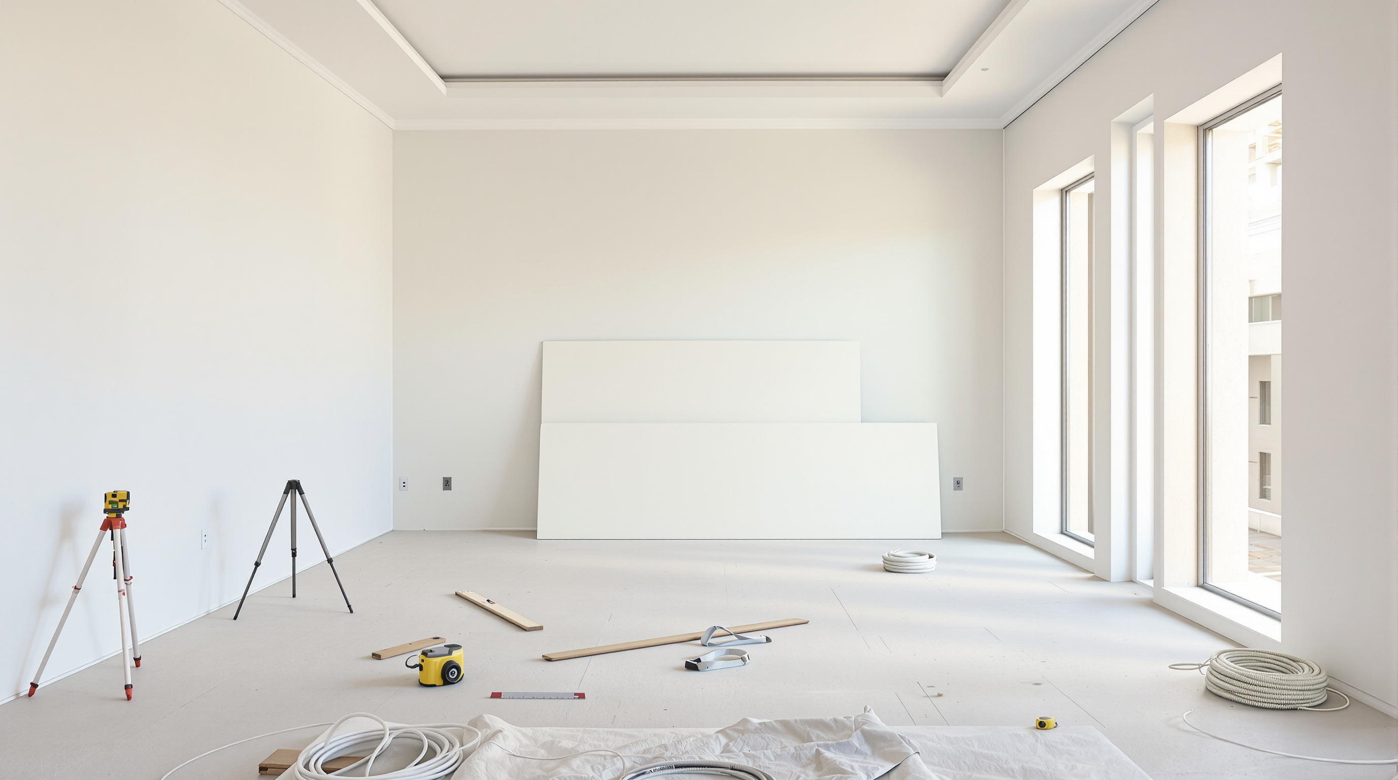 An empty apartment living room mid-renovation: freshly skimmed plaster walls, a bare cement screed floor and tall window openings.