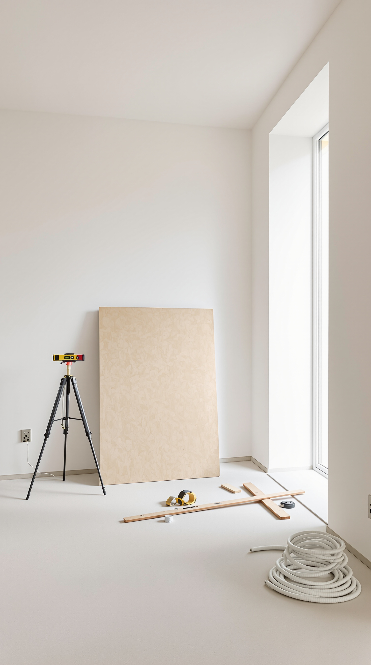 An empty apartment living room mid-renovation: freshly skimmed plaster walls, a bare cement screed floor and tall window openings.