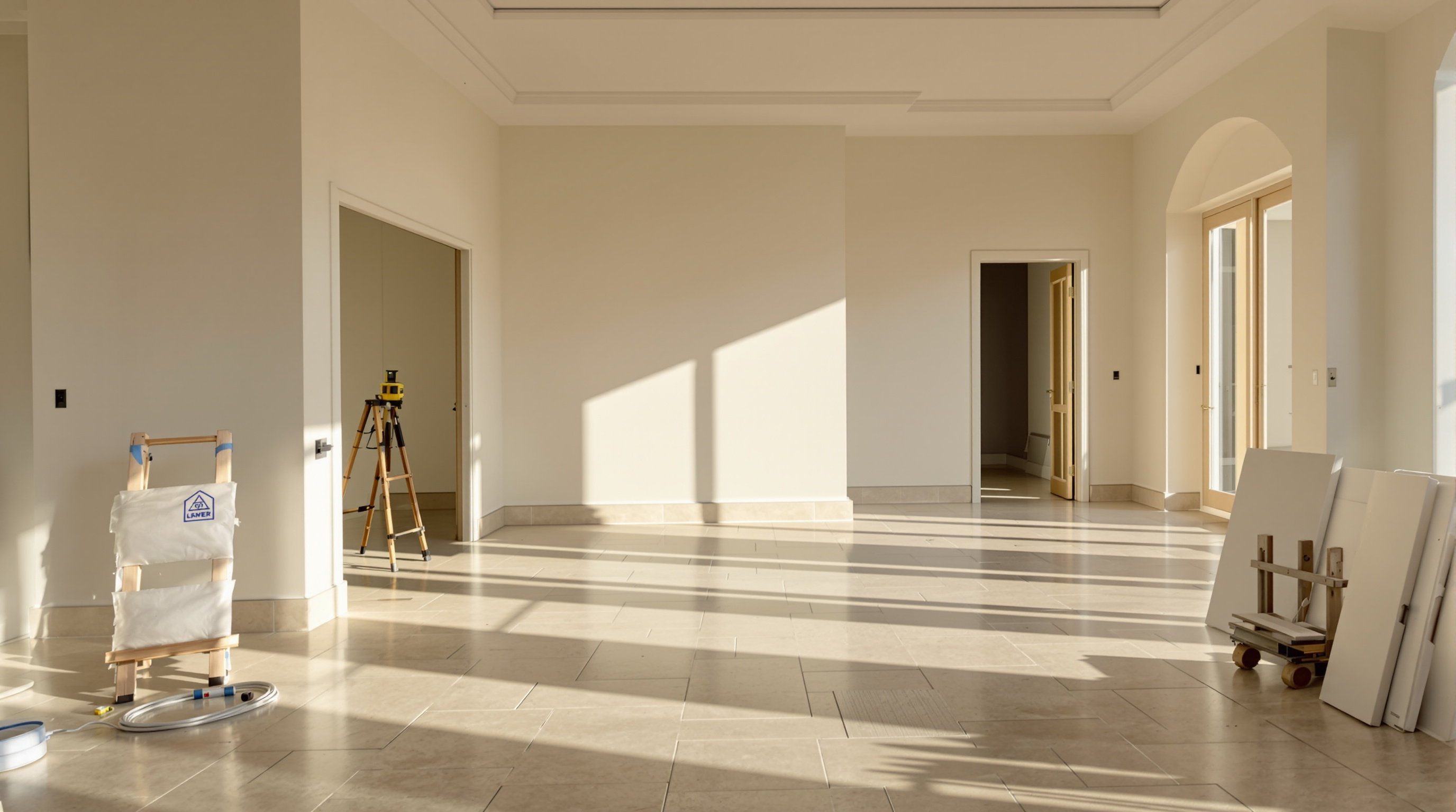 A villa living room in Dubai in the last week of a renovation, lit by late-morning sun through floor-to-ceiling windows.