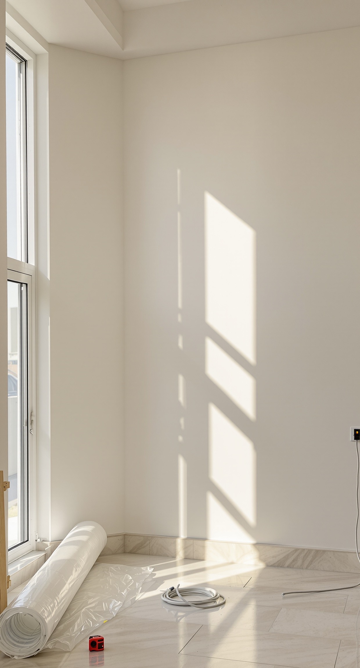 A villa living room in Dubai in the final week of a renovation, morning light through tall windows.