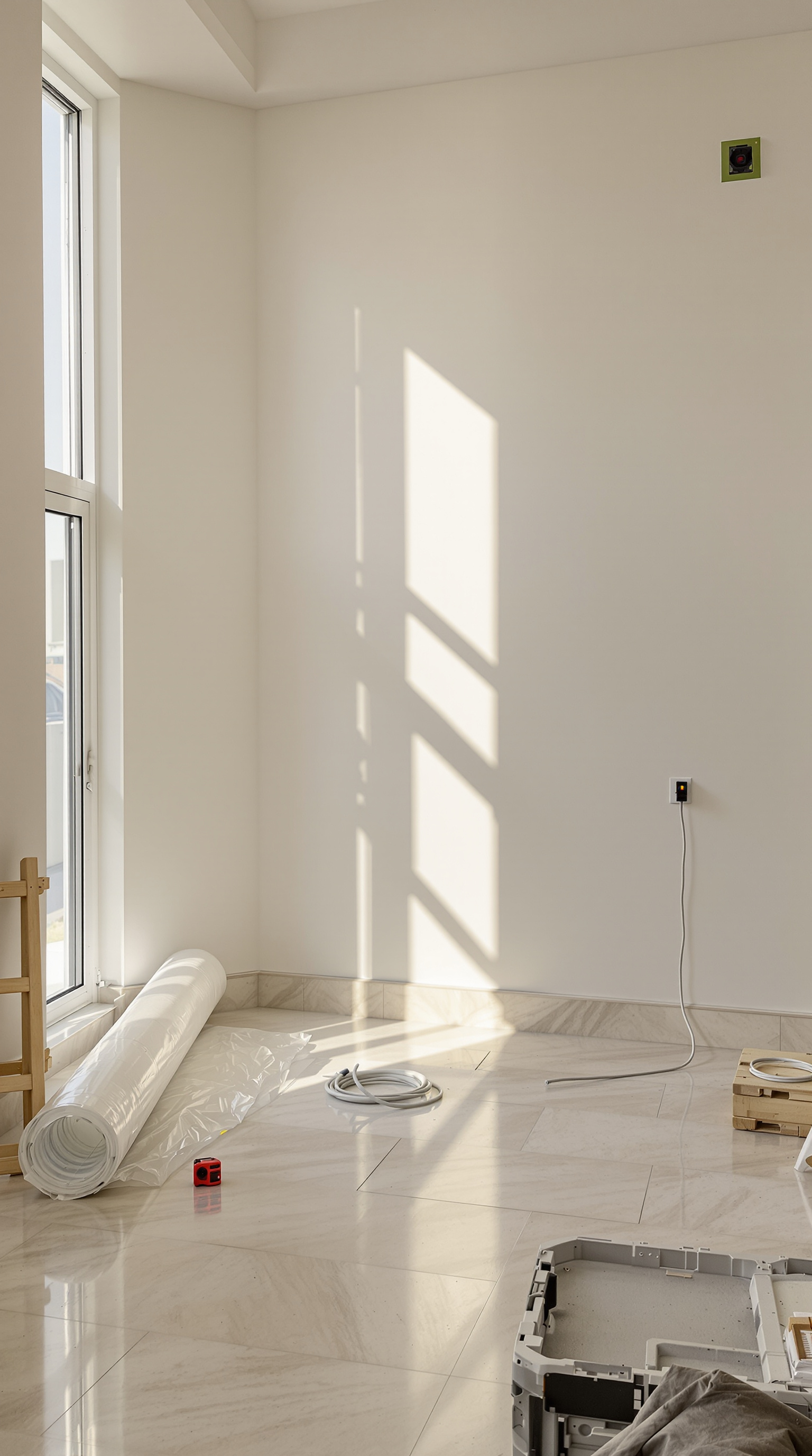 A villa living room in Dubai in the last week of a renovation, lit by late-morning sun through floor-to-ceiling windows.