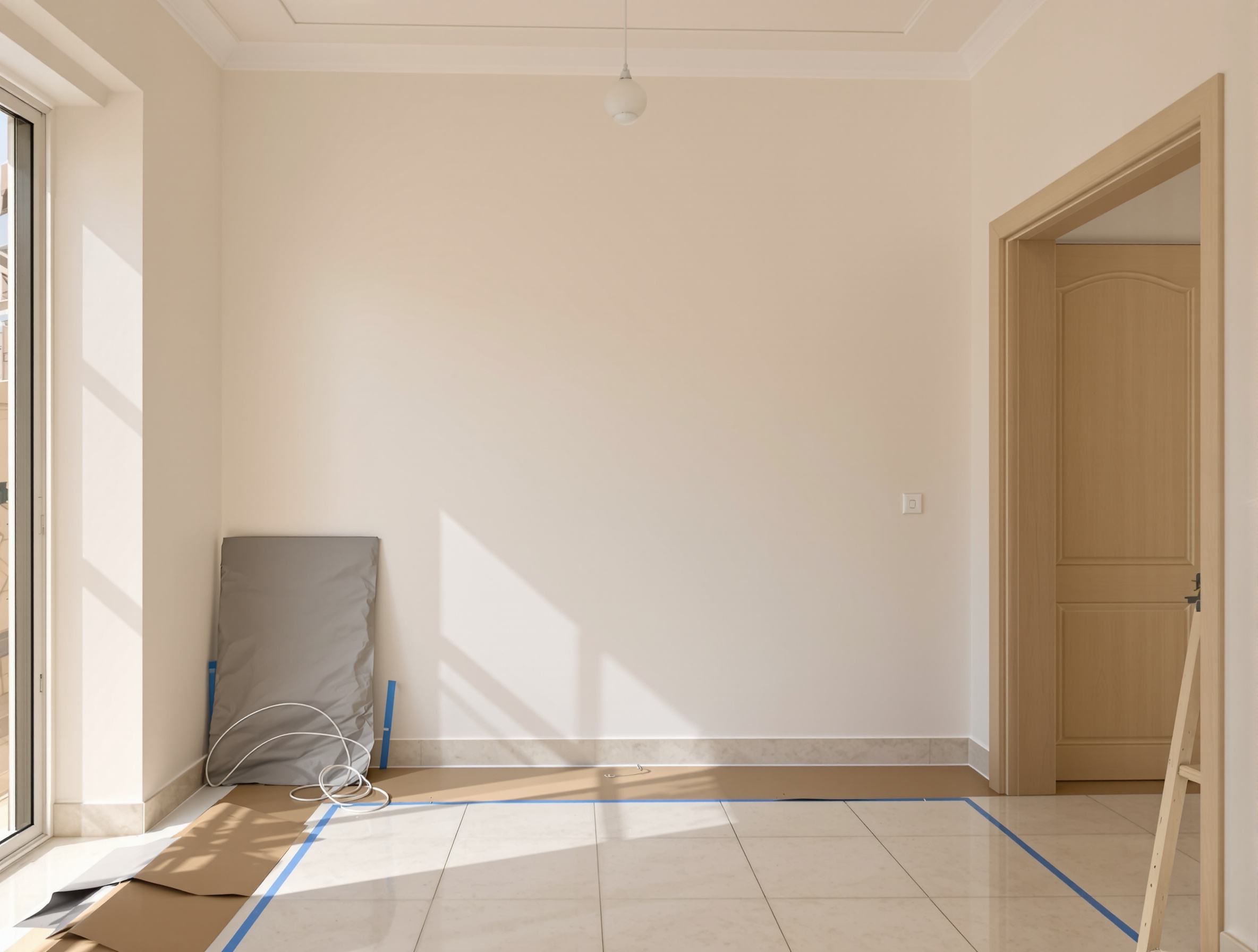 The entrance hall of a Dubai villa on handover morning, renovation finished, bright and calm