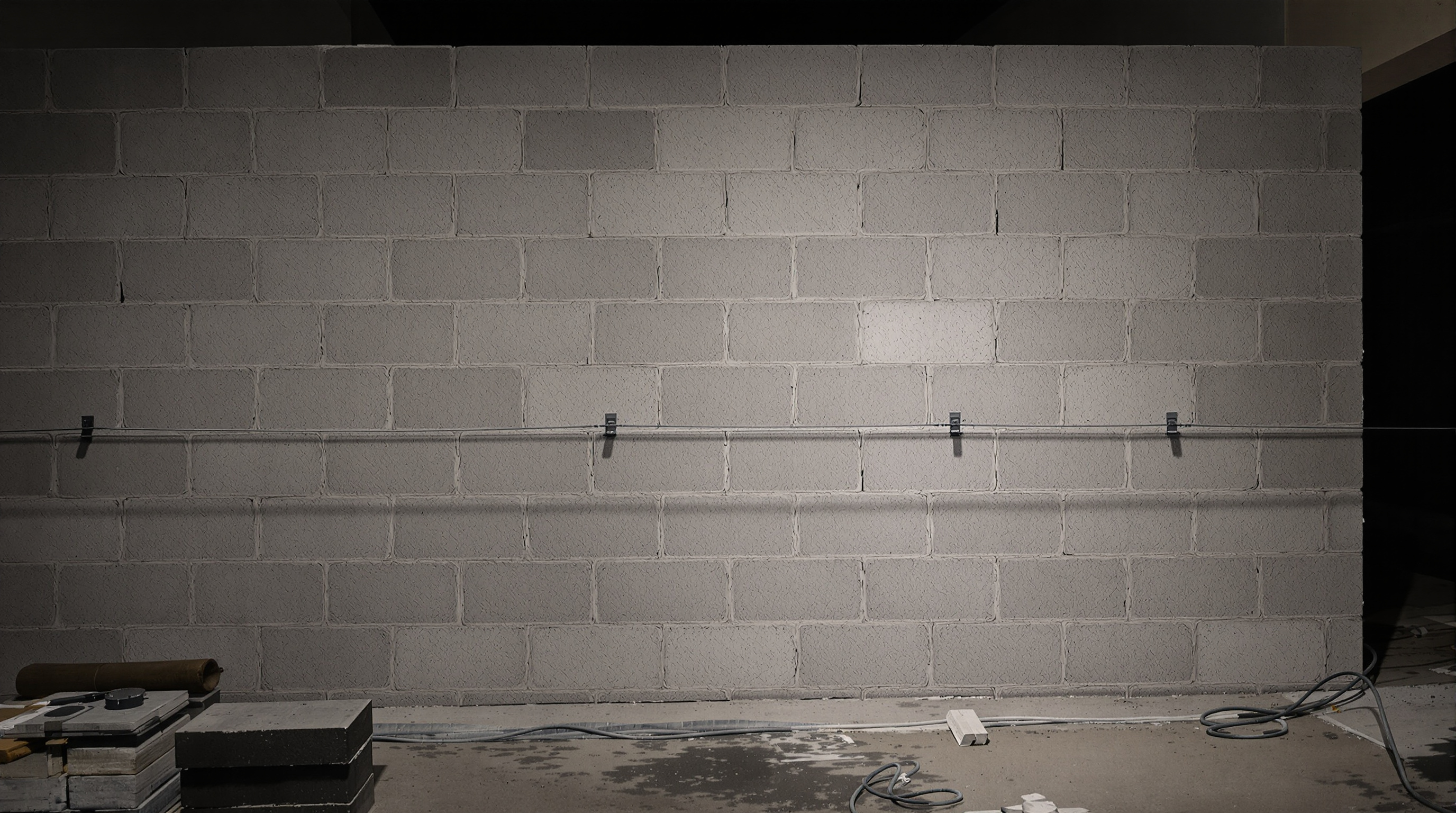 A freshly laid grey blockwork partition wall inside an unfinished interior, raked by a single work light.