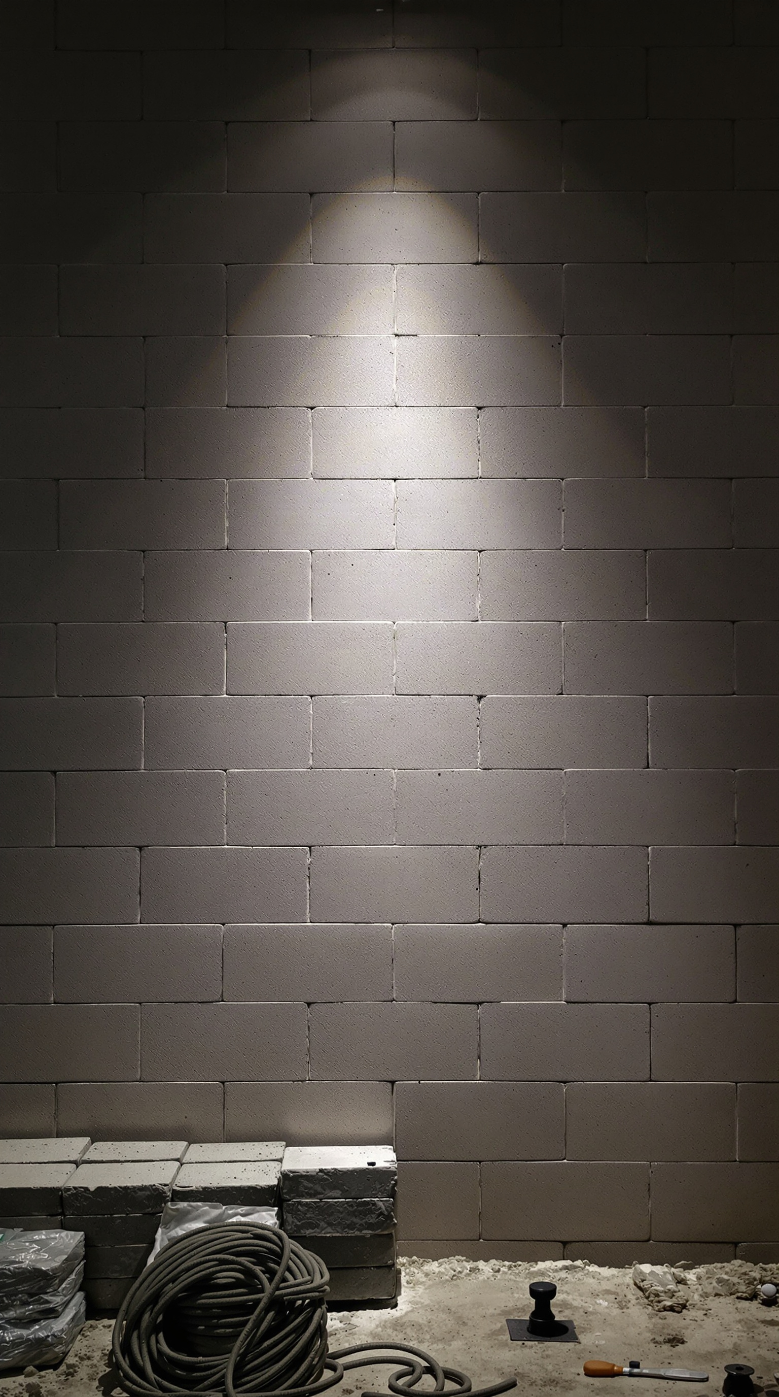 A freshly laid grey blockwork partition wall inside an unfinished interior, raked by a single work light.