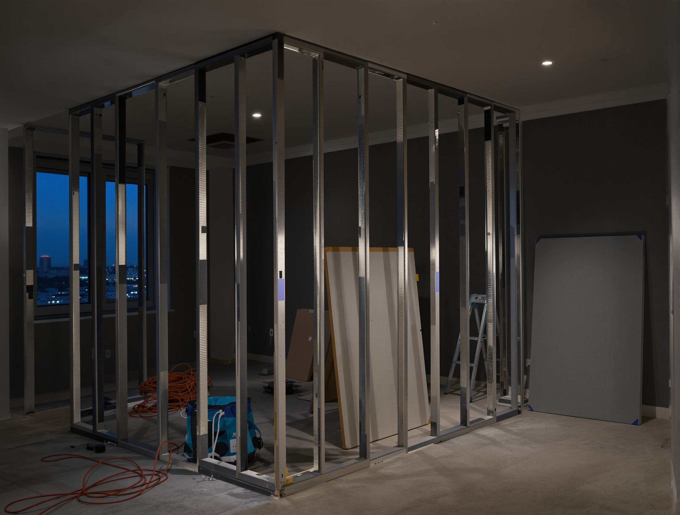 A half-built gypsum partition in a Dubai apartment fit-out at dusk, lit by one work light