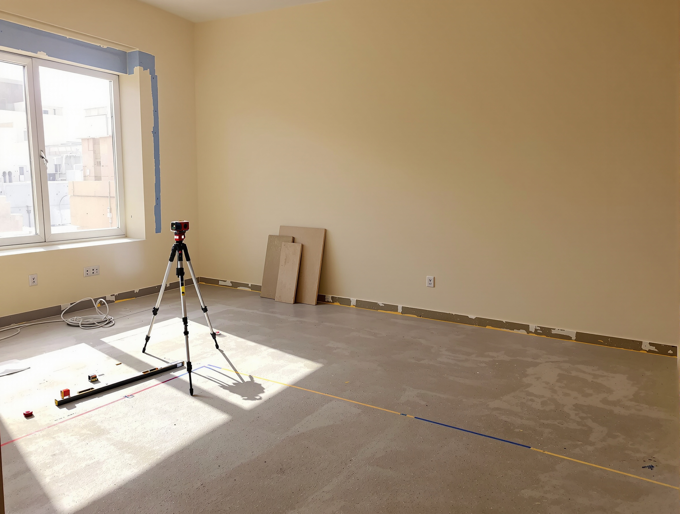 An empty bedroom in a Dubai villa mid-renovation, bare floor, sunlight raking across it