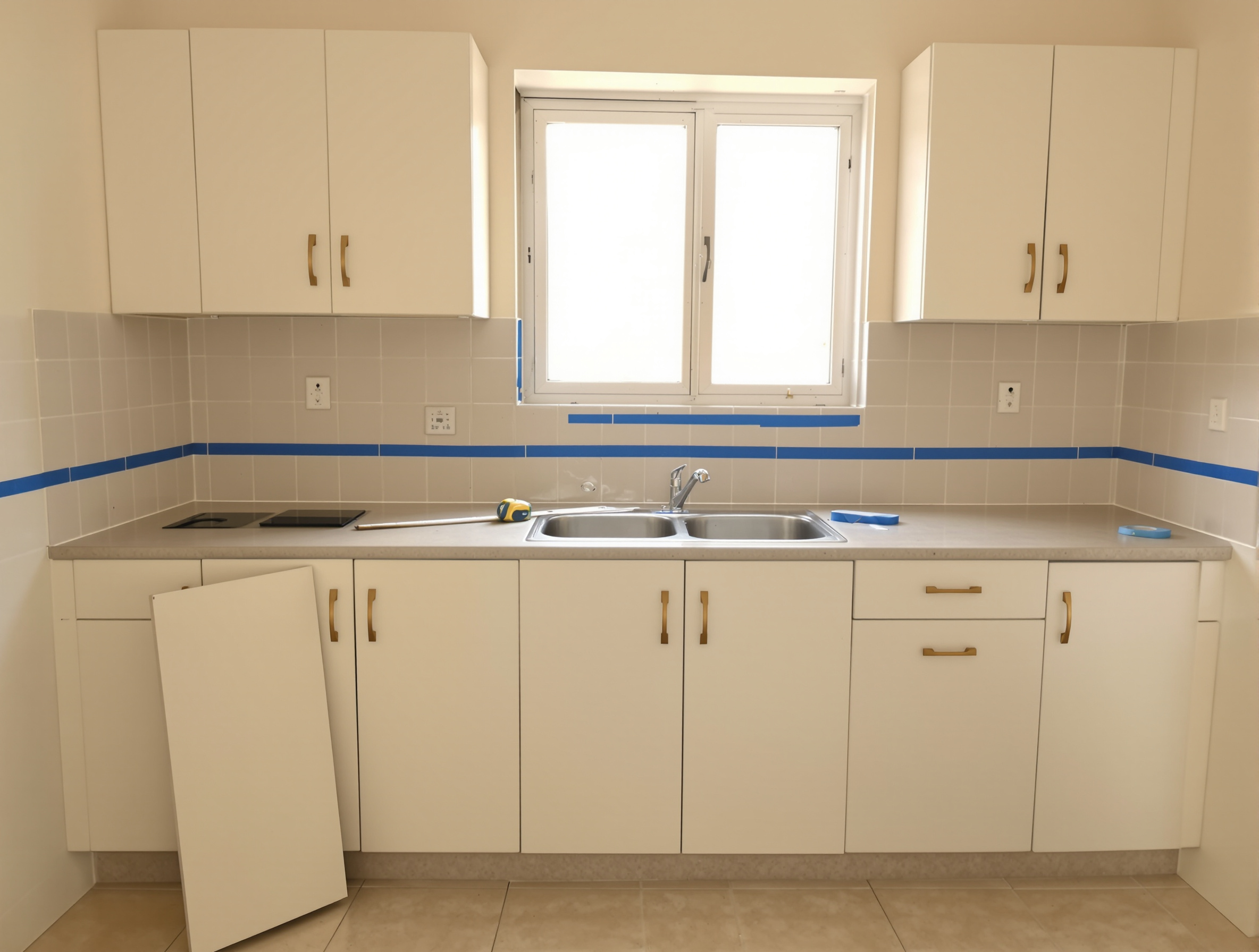 A dated Dubai villa kitchen on the morning before a renovation begins, cleared and empty