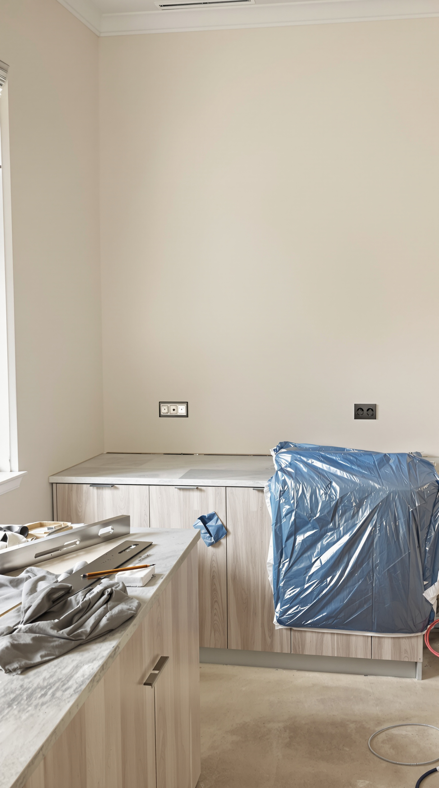 A Dubai villa kitchen halfway through installation: base cabinets set, a tall unit still wrapped, a stone worktop resting on trestles.