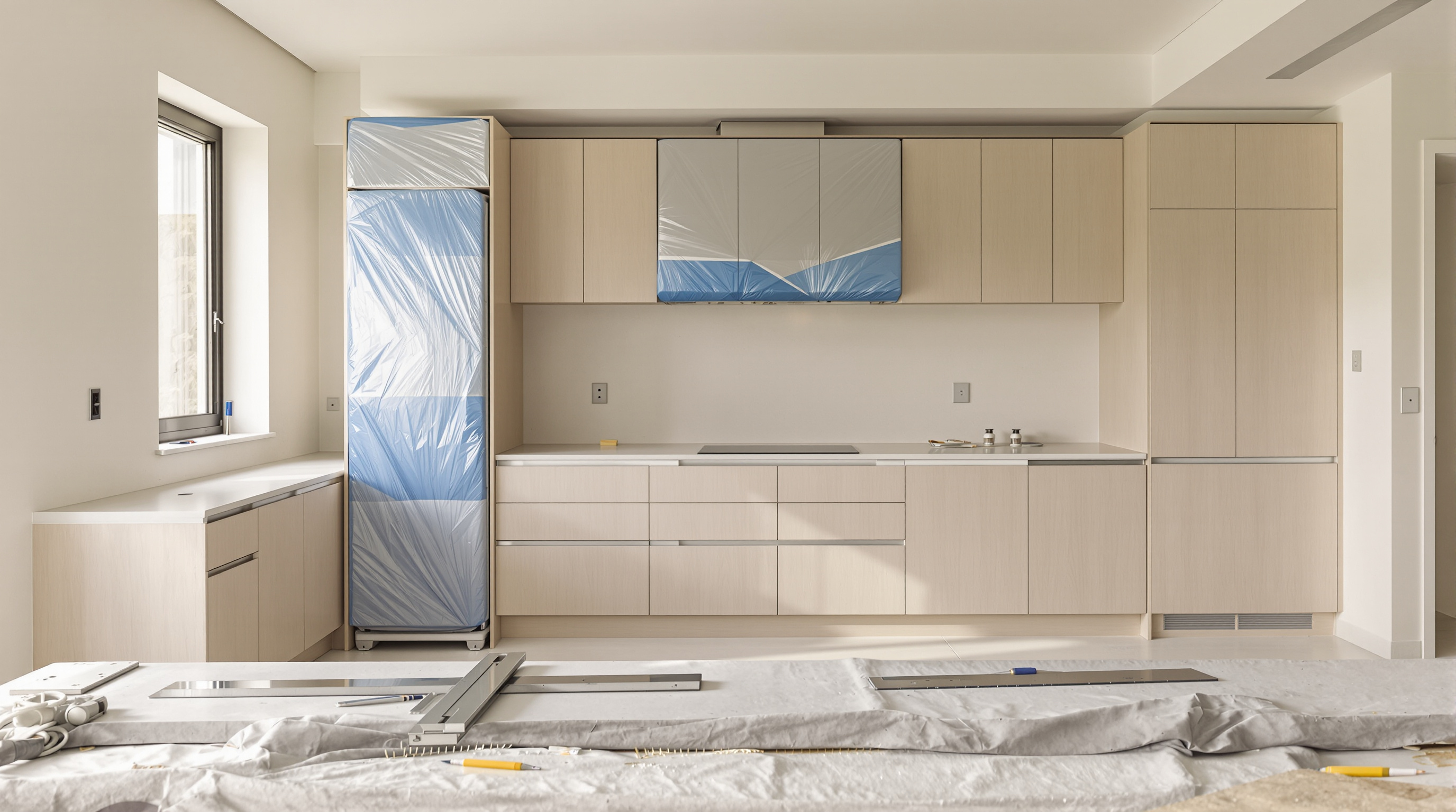 A Dubai villa kitchen halfway through installation: base cabinets set, a tall unit still wrapped, a stone worktop resting on trestles.