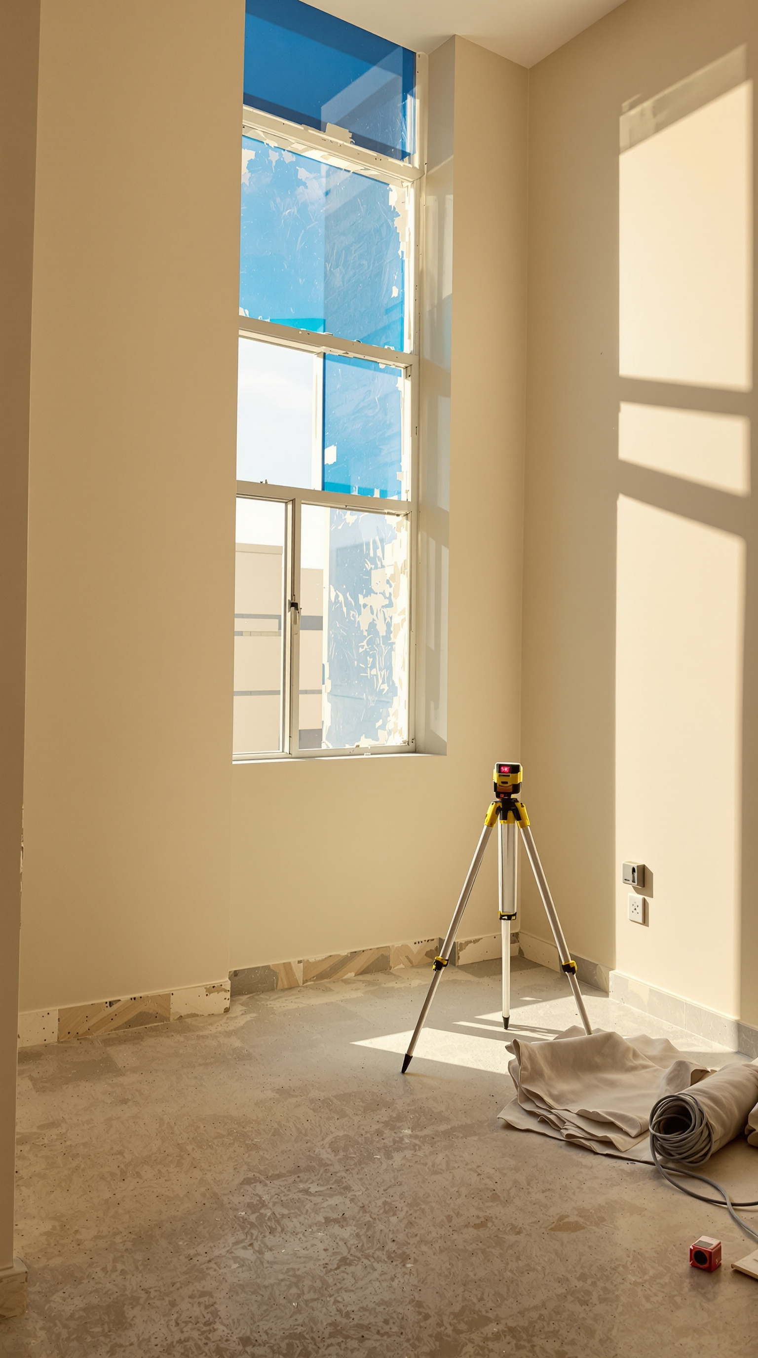A room in Dubai halfway through a fit-out, protective film still on the sliding glazing.